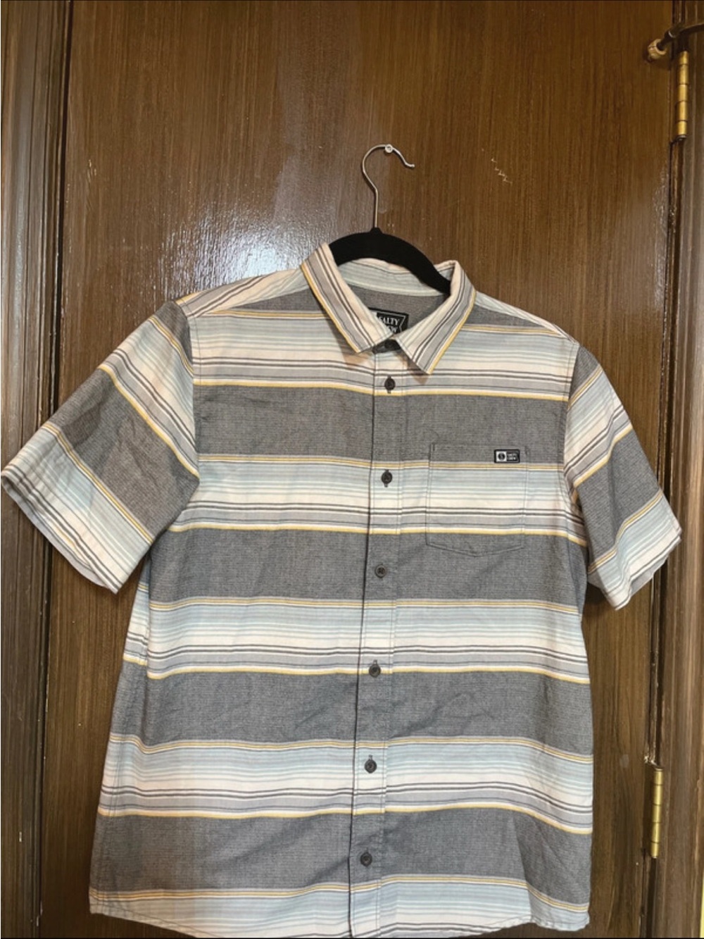Salty Crew Boy’s XL Short Sleeve Striped Button-Down Shirt - Gray/White/Yellow